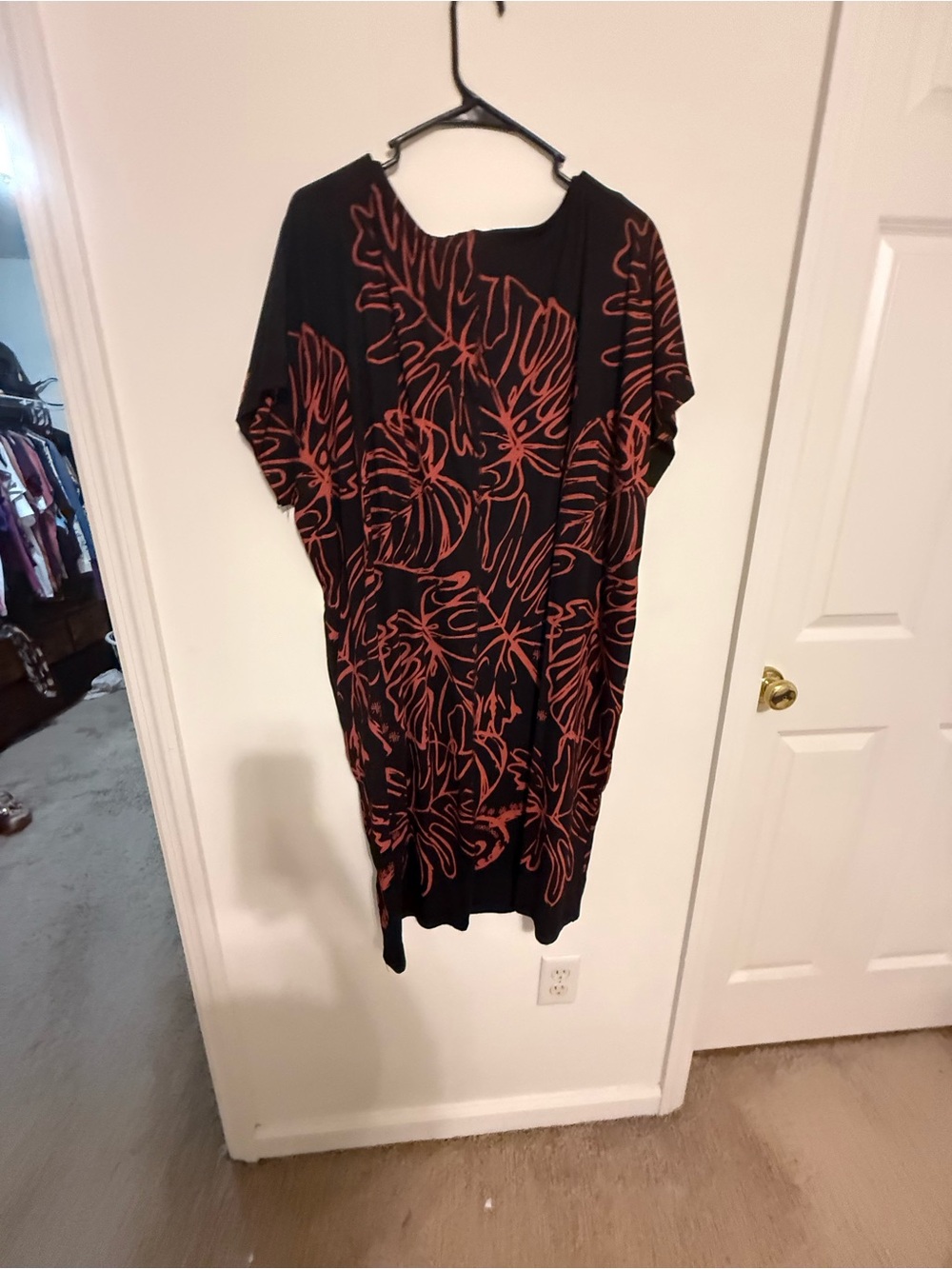 Black Dress with Red Leaf Print - Women's Casual Tunic Dress